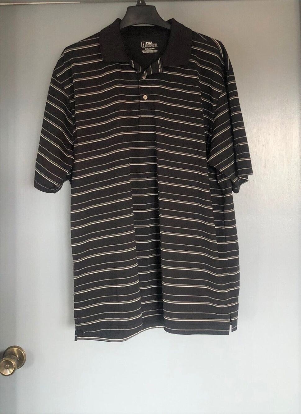 PGA Tour Men's XXL 2XL Black white striped Polo shirt Golf short sleeve